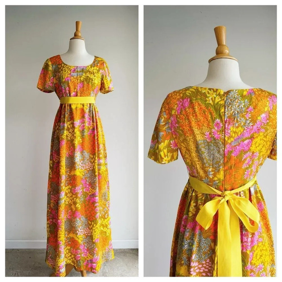Vintage Dresses & Skirts - 60's VINTAGE | Orange Floral Babydoll Maxi Dress | Best Fit S/M